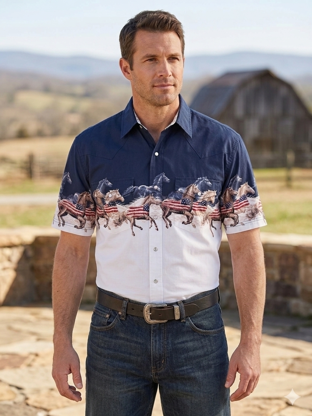 Men's Short Sleeve Button-Down Shirt in Navy and White with Horse Print